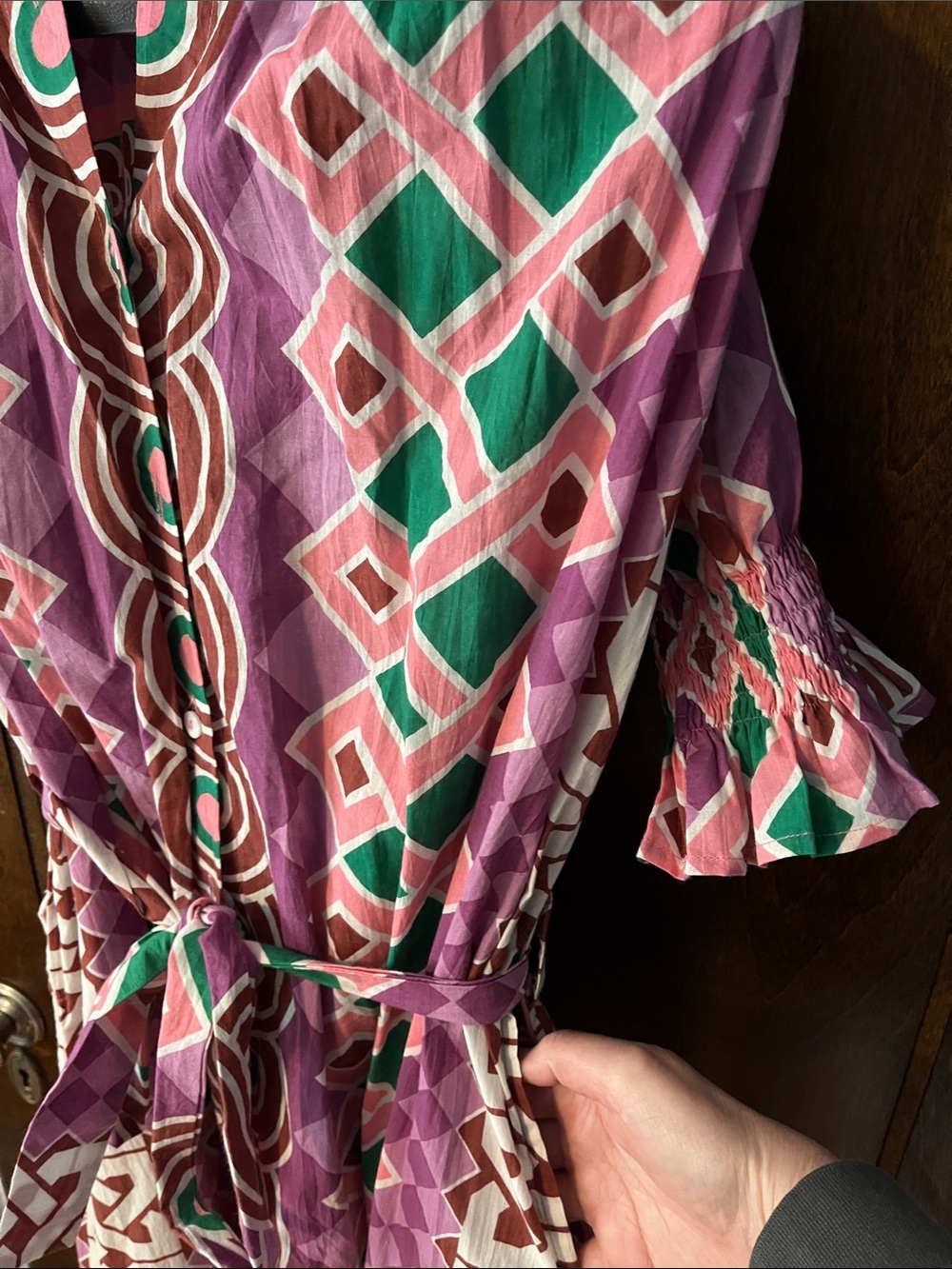 Patterned Midi Shirt Dress in Pink and Green - Picture 3 of 6